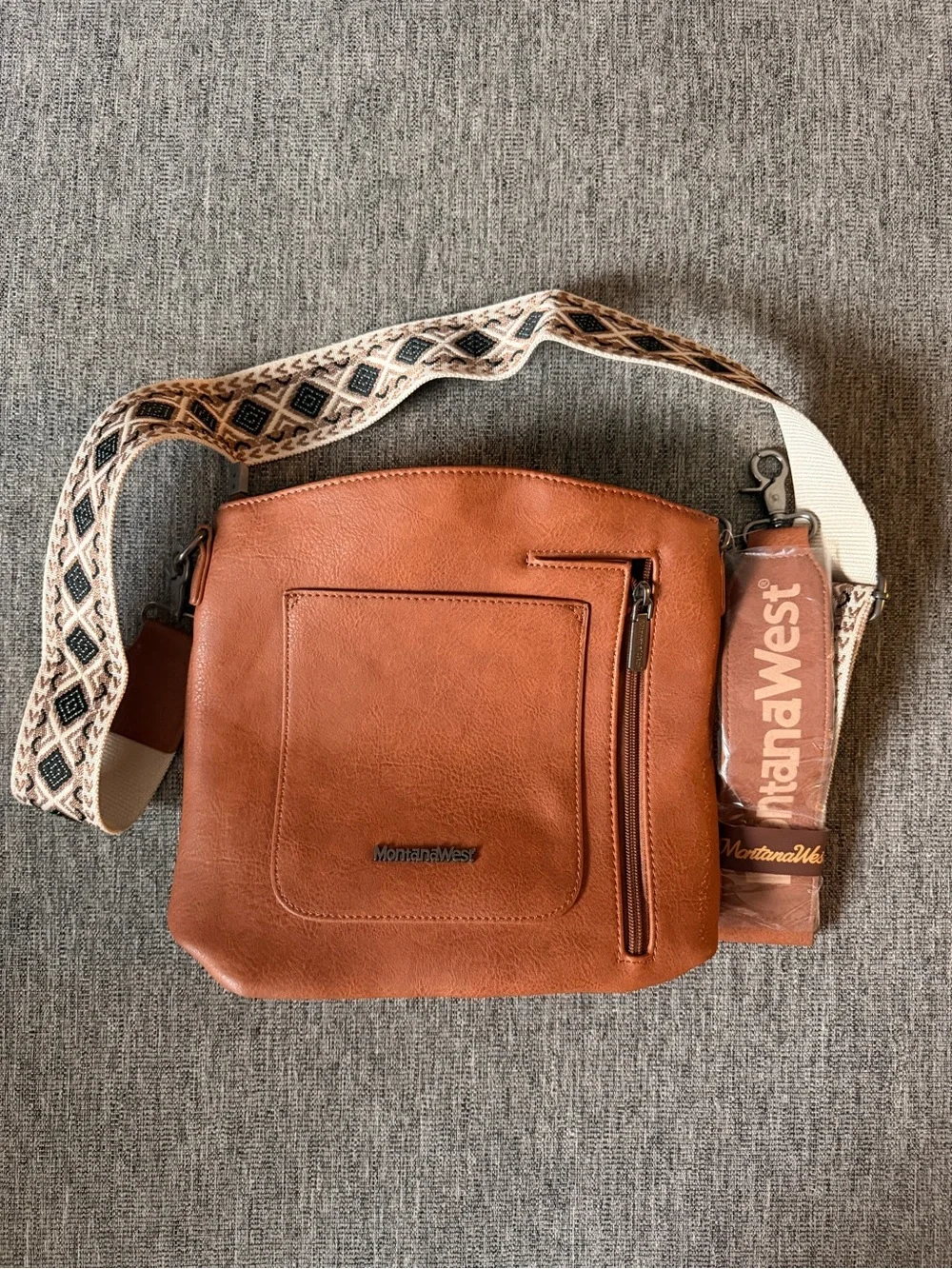 Montana West Tan Leather-Look Messenger with Patterned Strap BRAND NEW
